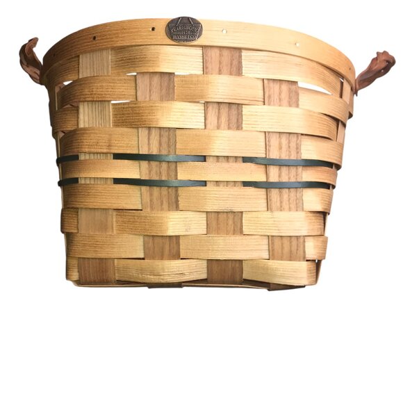 Large Handmade PETERBORO BASKET CO Amish Basket, Wood w/ Leather Braided Handles - Picture 1 of 13